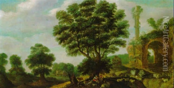 Landschaft Mit Roemischen Ruinen Sowie Merkur Und Argus Oil Painting - Samuel van den Hecken