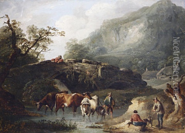 Italianate Landscapes With Figures And Cattle Watering (pair) Oil Painting - Thomas Barker