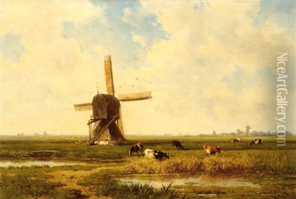 Cows By A Mill In A Polder Landscape Oil Painting - Willem Roelofs