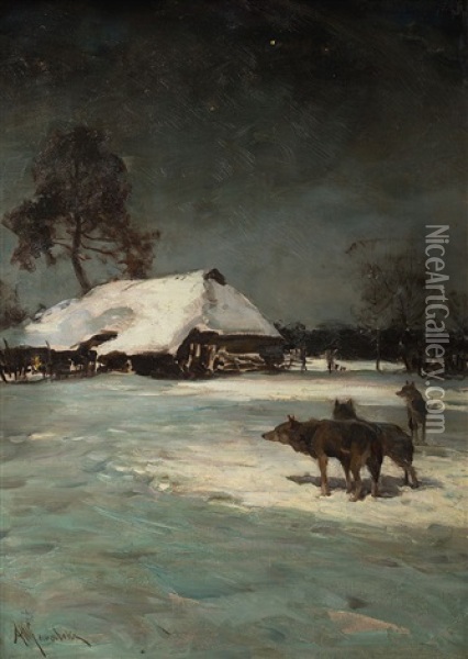 Wilki Oil Painting - Alfred von Wierusz-Kowalski