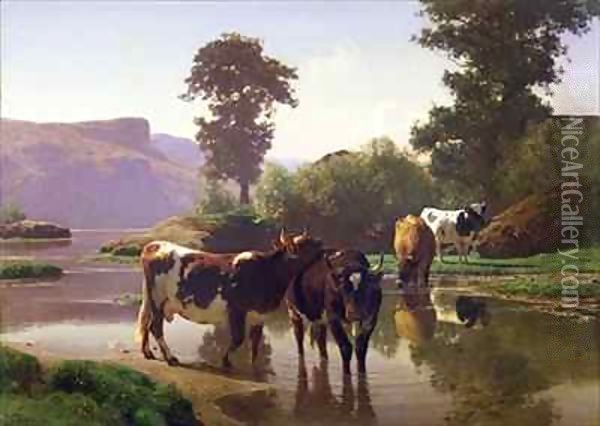 Cattle by a Lake Oil Painting - Auguste Bonheur