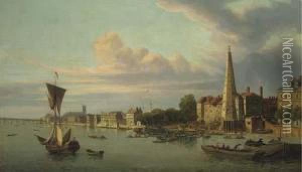 The York Buildings Waterworks Looking Towards Westminster Oil Painting - Samuel Scott