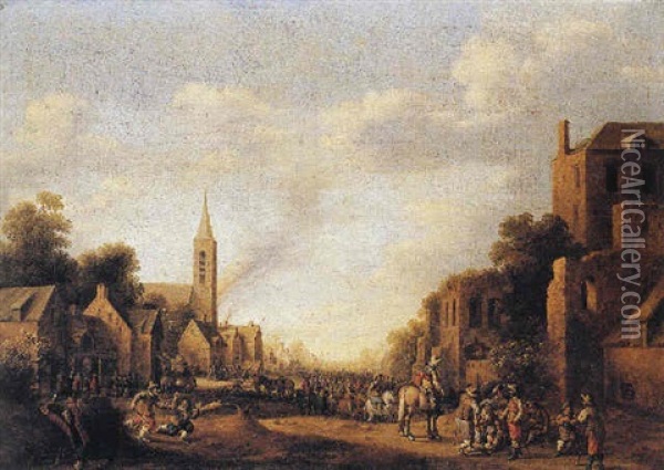 A View Of A Street With Soldiers Pillaging A Village Oil Painting - Joost Cornelisz. Droochsloot