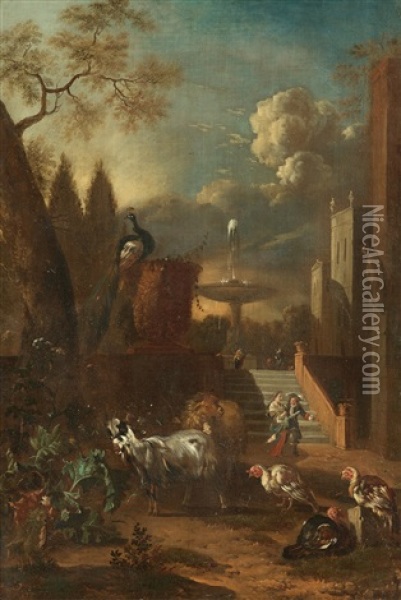 Figures By A Castle Staircase With A Fountain In The Background, Peacock And Grazing Goats Oil Painting - Abraham Jansz. Begeyn