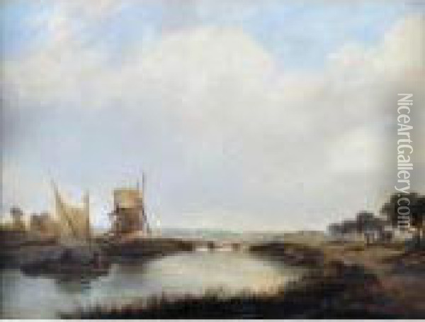 River Landscape With Sailing Boat And Windmill Oil Painting - Alfred Vickers