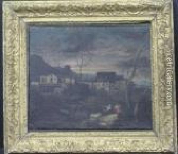 Figures In A Landscape Before A Village Oil Painting - Gaspard Dughet Poussin