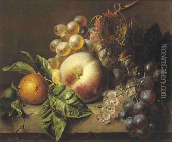 A peach, medlar, grapes and white currants on a ledge Oil Painting - Adriana-Johanna Haanen