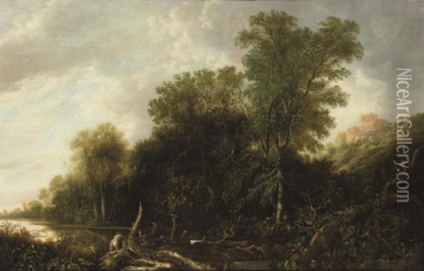 A Wooded Landscape With Nymphs Bathing In A River Oil Painting - Francois Van Knibbergen