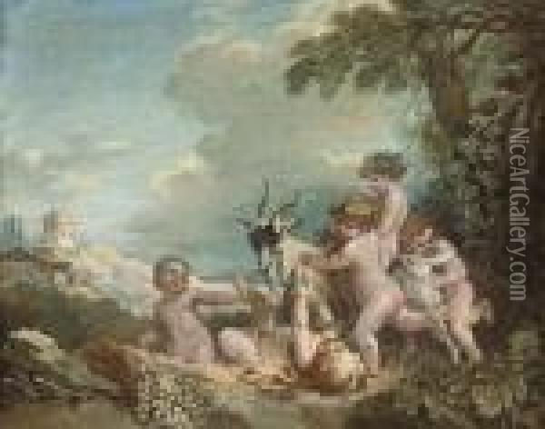 Putti Disporting In A Landscape Oil Painting - Francois Boucher