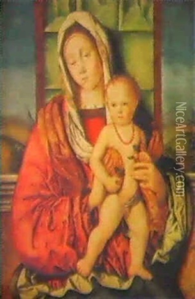 The Madonna And Child Before A Parapet And A Canopy, A      Landscape Beyond Oil Painting - Francesco Zaganelli