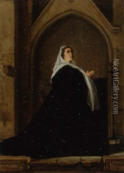 Eine Dame Im Gebet In Einer Gotischen Kapelle Oil Painting - Alfred Henri Berthoud