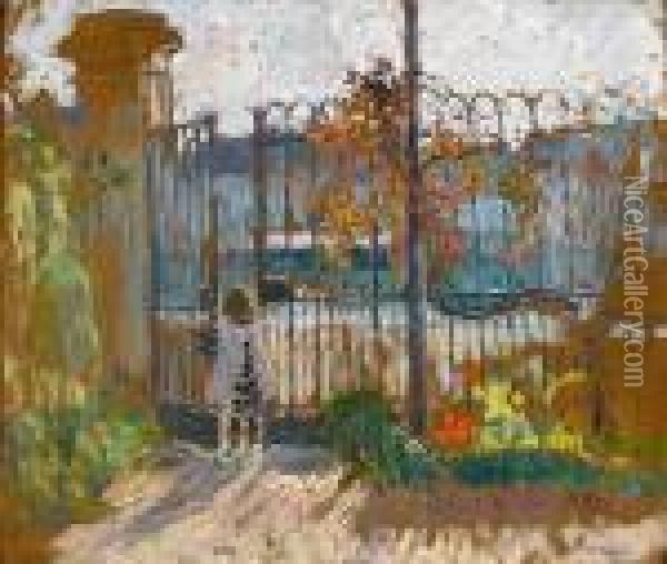 Nono A La Grille Du Jardin De Lagny Oil Painting - Henri Lebasque
