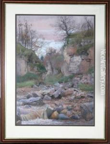 A Tree-lined Rocky River-bed Oil Painting - Stanley Thompson