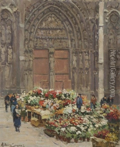 Rouen, Le Marche Au Fleurs Devant La Cathedrale Oil Painting - Adrien Segers