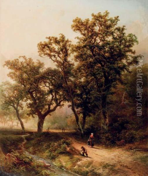 Travellers On A Wooded Path Oil Painting - Pieter Lodewijk Francisco Kluyver
