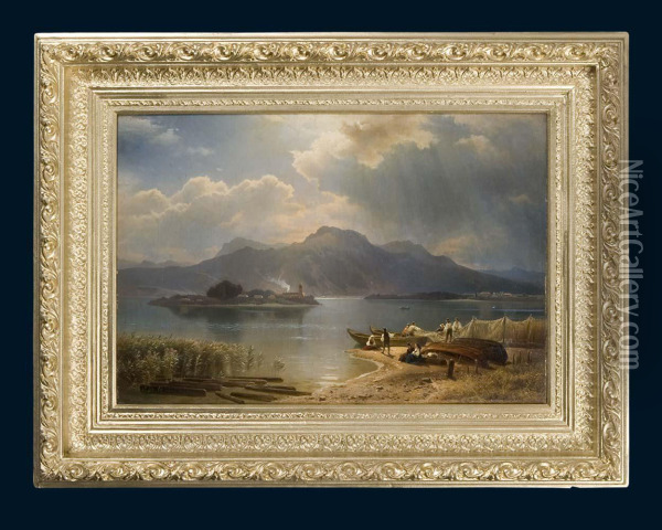 Fischer Vor Der Fraueninsel Am Chiemsee Oil Painting - August Kessler