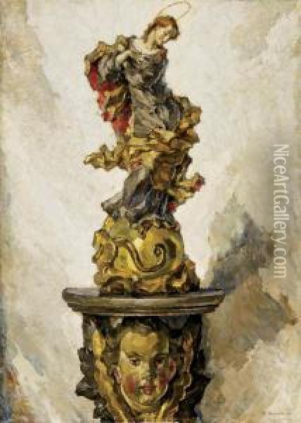 Still Life With Baroque Carving Of The Virgin Resting On A Cherub Shelf Oil Painting - Eugen Schwarz