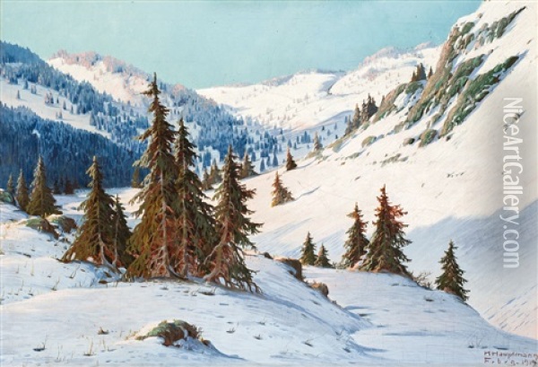 Schneebedeckte Berglandschaft Mit Nadelbaumen Oil Painting - Karl Hauptmann