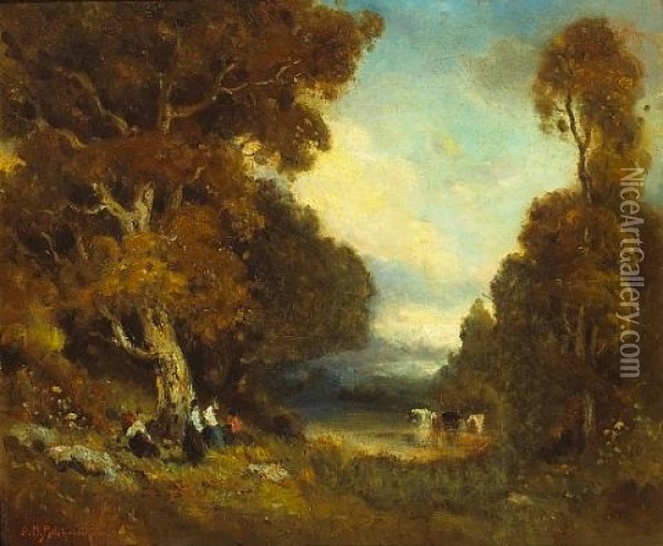 Figures By A Pond With Cattle Watering Oil Painting - Alexis Matthew Podchernikoff