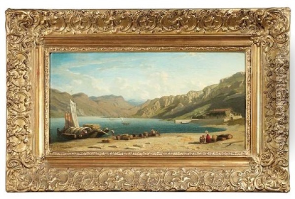 Sommerlicher Gebirgssee. Am Ufer Werden Lastkahne Beladen Oil Painting - Charles Joseph Lecointe