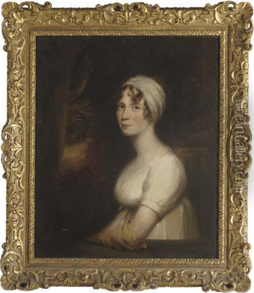 Portrait Of Miss Morley, 
Three-quarter-length, In A White Dress And Yellow Glove, A Landscape 
Beyond Oil Painting - Sir William Beechey