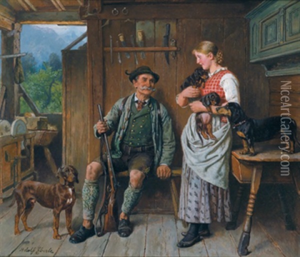 Besuch Des Jagers Oil Painting - Adolf Eberle