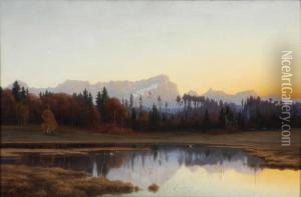 Ostersee Mit Blick Auf Die Zugspitze. Oil Painting - Adalbert Wex