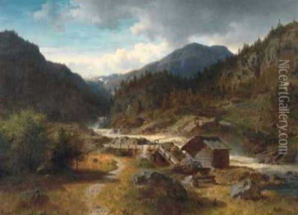 Landskap Med Kvernhus Oil Painting - Hans Frederick Gude