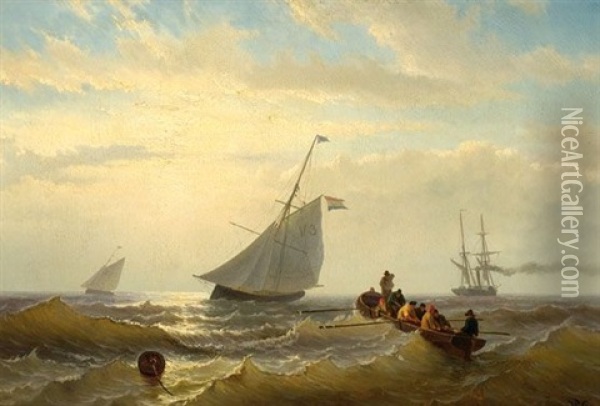 Two Fishing Boats, A Steamboat And Men In A Flat-boat On Open Sea Oil Painting - Jacob Willem Gruyter