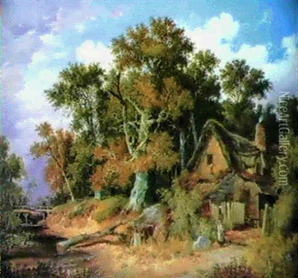 Figure Before A Cottage In A Wooded River Landscape Oil Painting - John Berney Ladbrooke