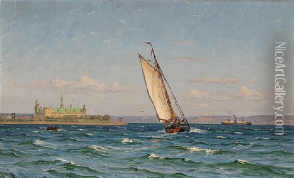 Seascape With Ships Off The Coast Of Kronborg Castle Oil Painting - Vilhelm Karl Ferdinand Arnesen