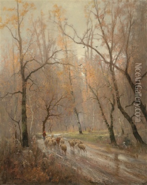 Herd Of Sheep Returning Home Oil Painting - Adolf Kaufmann