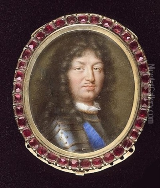 Louis Xiv Of Bourbon, King Of France, Wearing Armour, Frilled White Lace At His Neck And Blue Sash Of The Order Of St. Esprit Oil Painting - Jean Petitot the Elder
