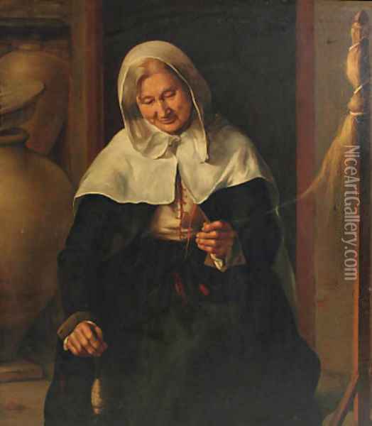 An old lady carding wool in an interior Oil Painting - Louis Lenain