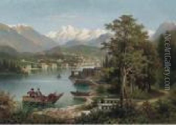 Figures Boating In An Austrian Lake Landscape Oil Painting - Anton Pick