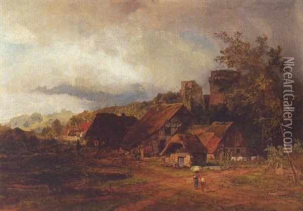 Landschaft Mit Dorf Und Burgruine Oil Painting - Andreas Achenbach