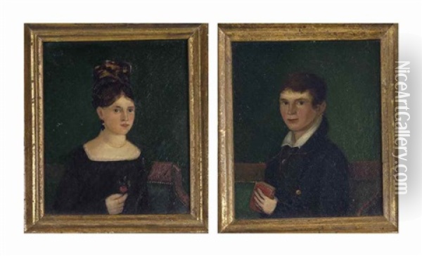 A Pair Of Portrait Miniatures Of A Lady And A Gentleman Oil Painting - Joshua Johnson