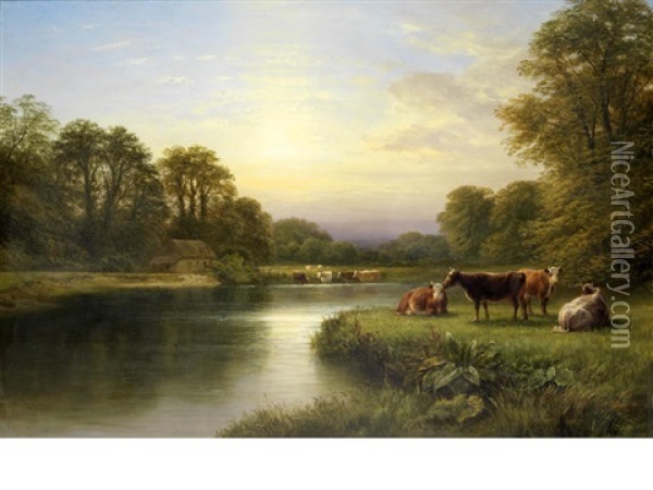 Cattle On A Riverbank Oil Painting - George Cole