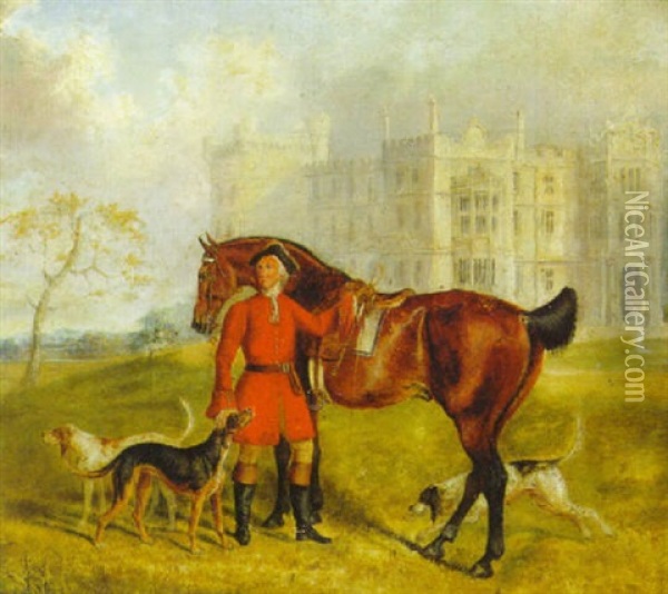 A Huntsman With His Hounds Before Chirchase Castle, Northumberland Oil Painting - George Henry Laporte