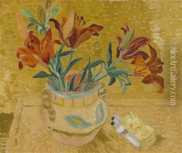 Lilies In A Decorated Bowl Oil Painting - Christopher Wood