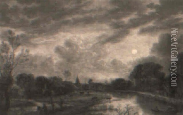 A Moonlit Landscape With Fishermen Mending Their Nets On A Riverbank Oil Painting - Aert van der Neer