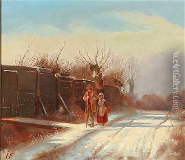 Winter Day With An Old Couple Oil Painting - Julius Friedlaender
