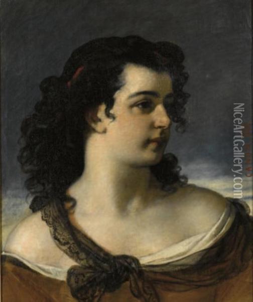 Portrait D'une Jeune Beaute Aux Boucles Noires Oil Painting - Jean-Louis Janmot