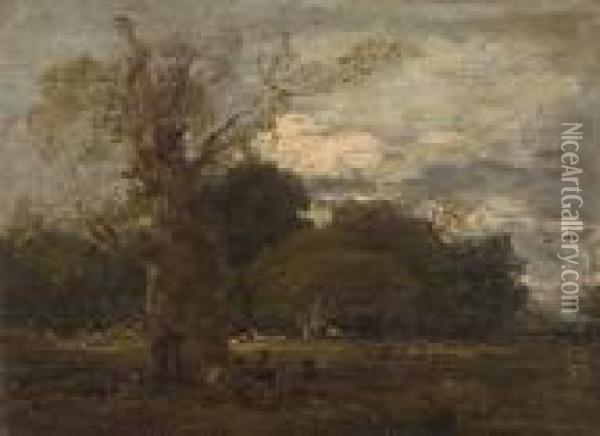 'resting Time'; Figures Beside A Tree In Awooded Landscape Oil Painting - John Linnell