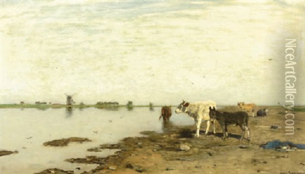 Summer: Cows And A Donkey On A River Bank Oil Painting - Eugen Jettel