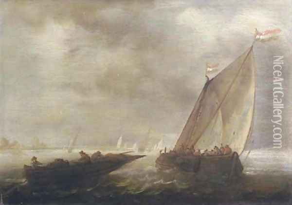 A sailing vessel and a rowing boat in a stiff breeze Oil Painting - Salomon van Ruysdael