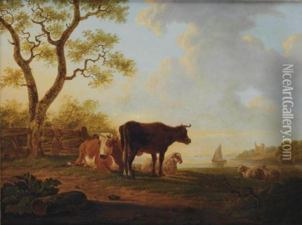 Resting Cattle On A River Bank Oil Painting - Jacob Van Stry