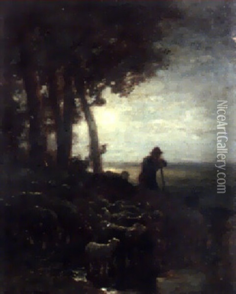 Berger Et Ses Moutons Au Clair De Lune Oil Painting - Charles Emile Jacque