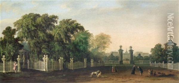 Vista Di Un Portale Di Un Parco E Palazzo Oil Painting - Bernardo Bellotto