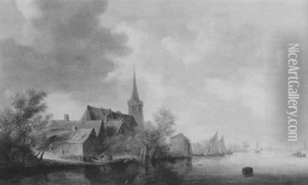 A River Landscape With A Town On The Left Bank, Shipping Vessels Beyond Oil Painting - Frans de Hulst